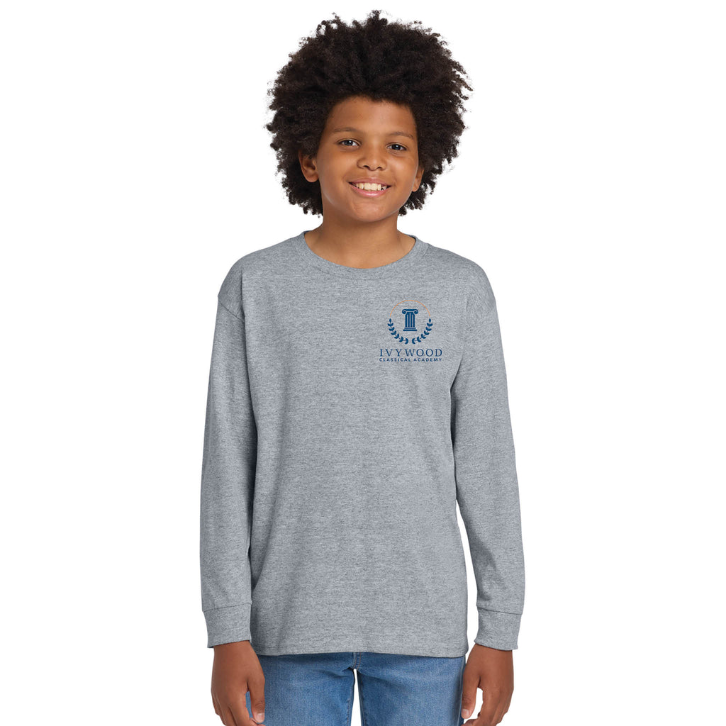Heather Gray Youth Long-Sleeve Tee with Ivywood Crest