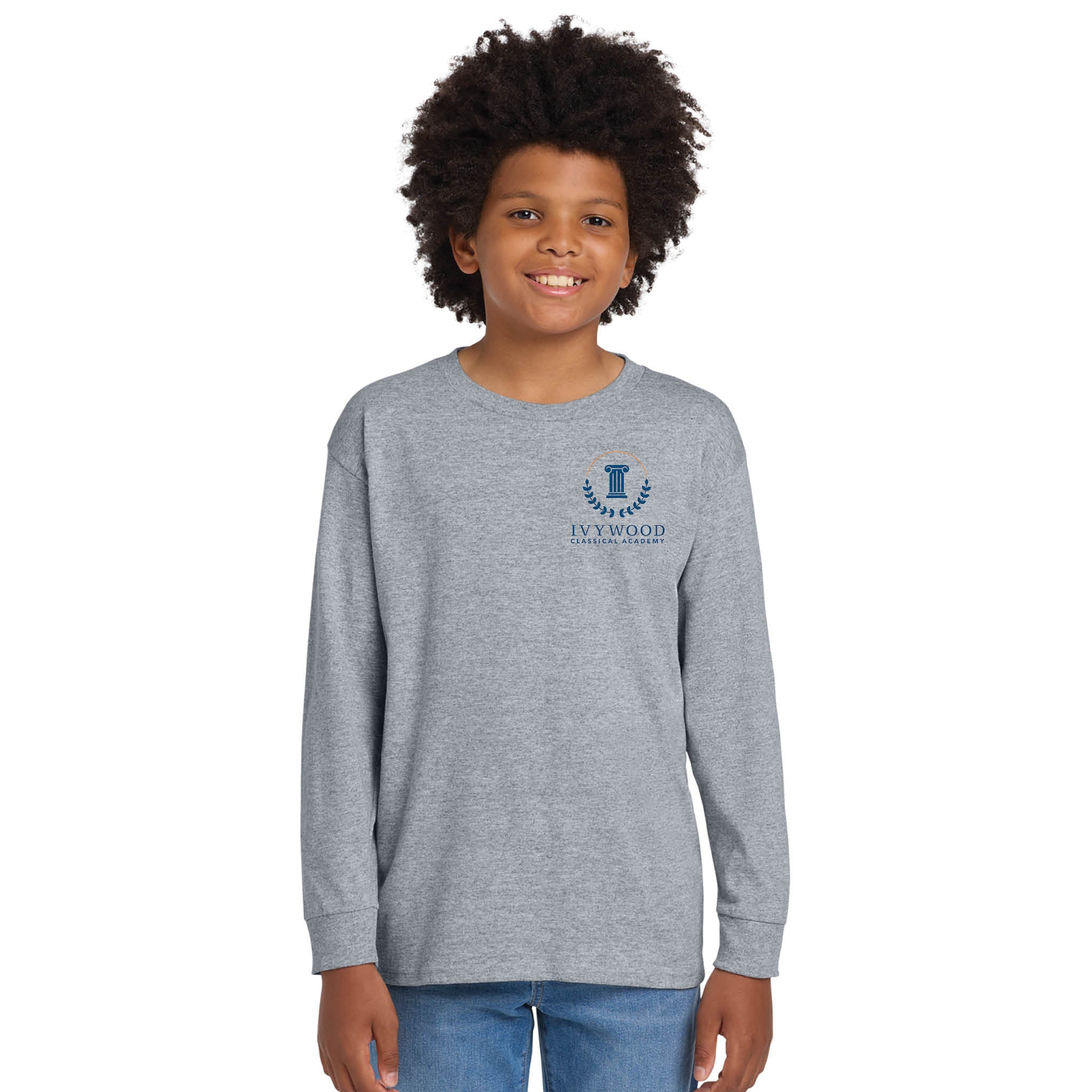 Heather Gray Youth Long-Sleeve Tee with Ivywood Crest