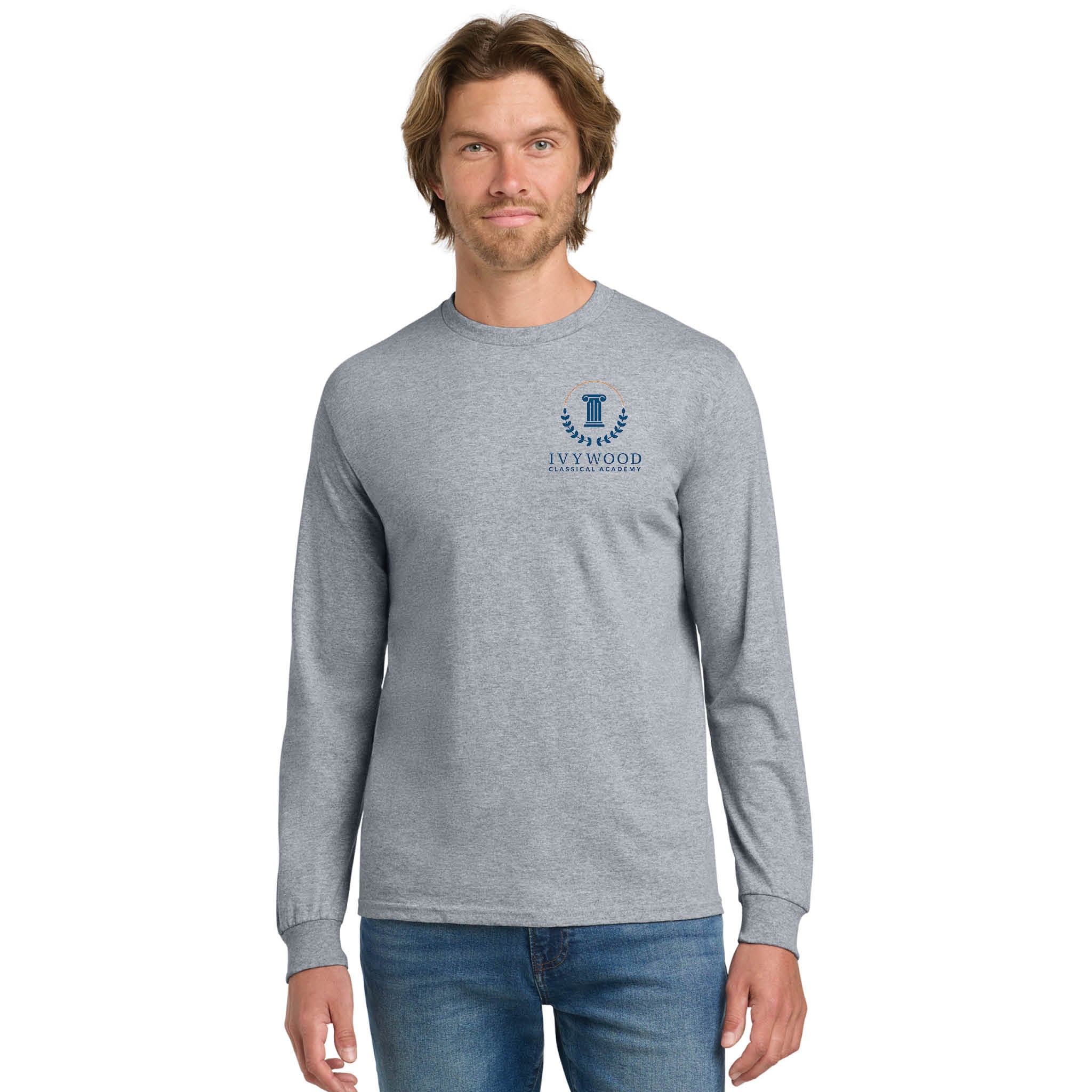 Heather Gray Adult Long-Sleeve Tee with Ivywood Crest