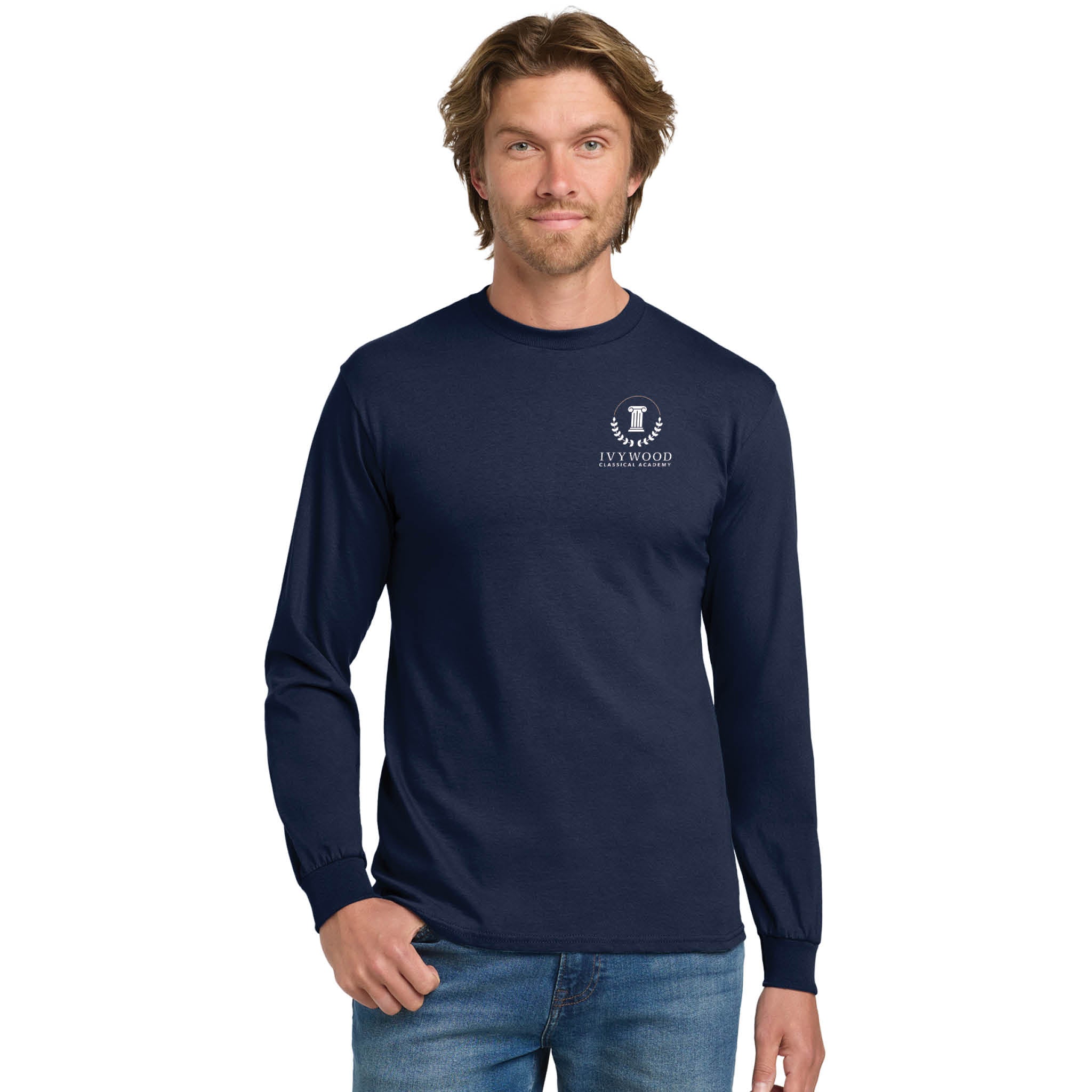 Navy Adult Long-Sleeve Tee with Ivywood Crest