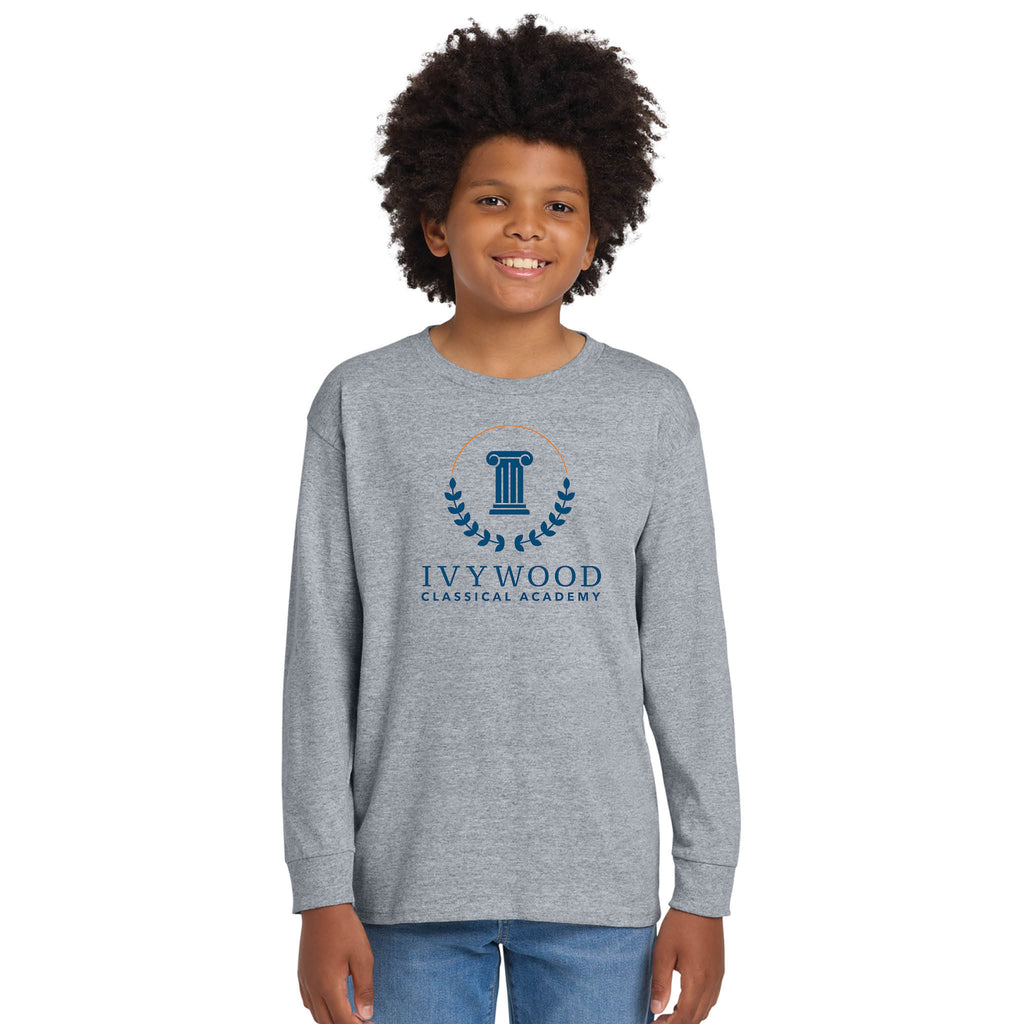 Heather Gray Youth Long-Sleeve Tee with Ivywood Crest (Full Front)