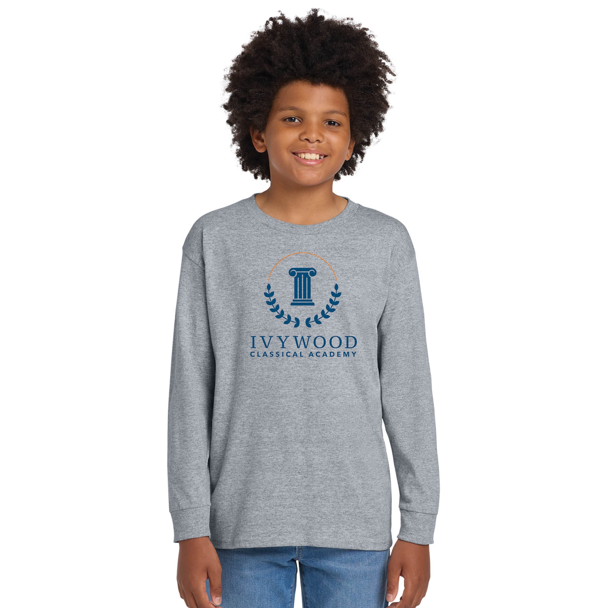 Heather Gray Youth Long-Sleeve Tee with Ivywood Crest (Full Front)