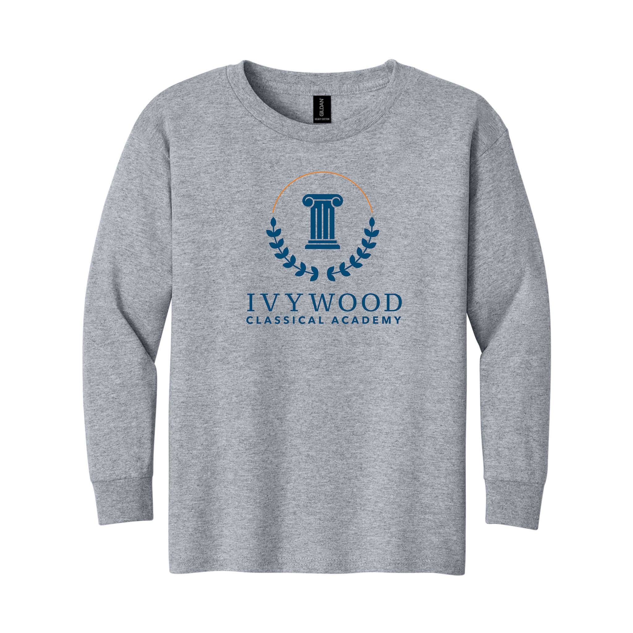 Heather Gray Youth Long-Sleeve Tee with Ivywood Crest (Full Front)