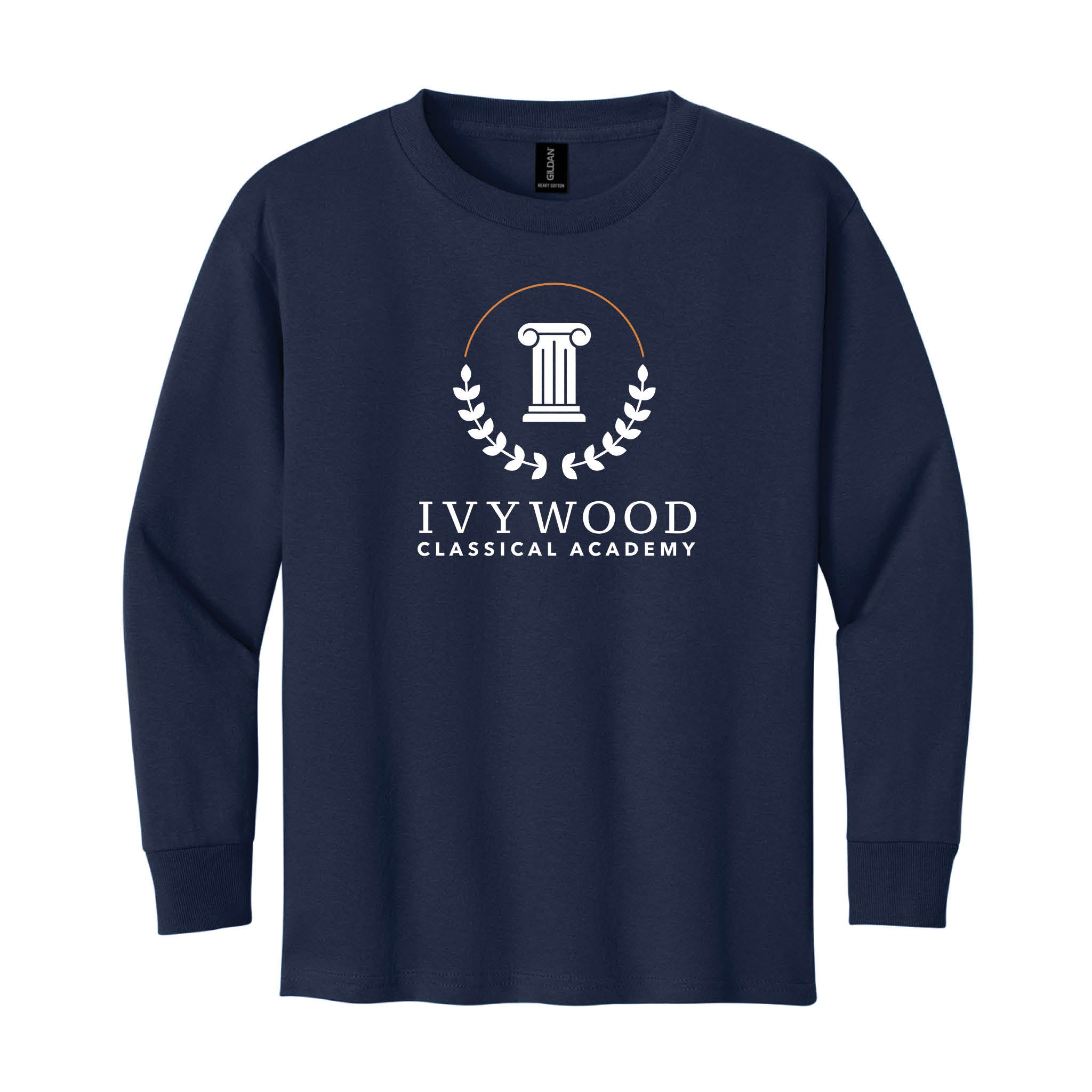 Navy Youth Long-Sleeve Tee with Ivywood Crest (Full Front)