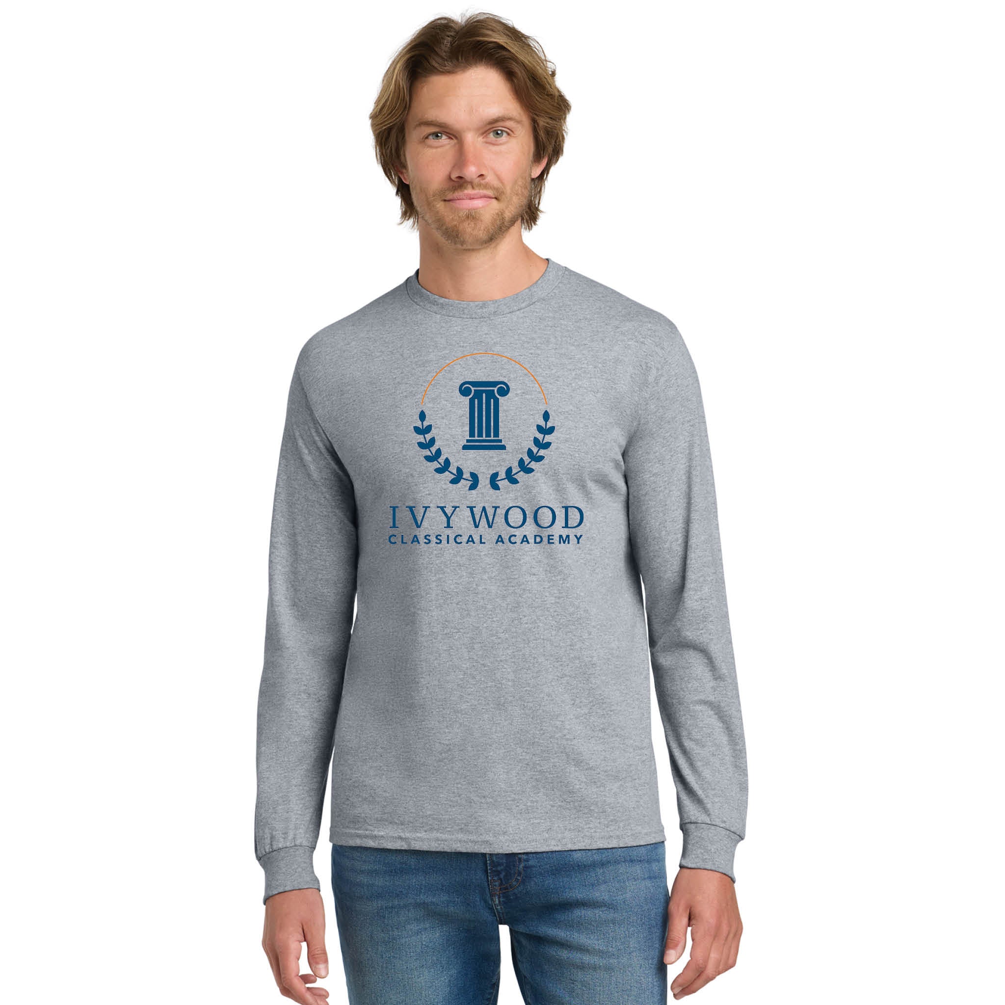Heather Gray Adult Long-Sleeve Tee with Ivywood Crest (Full Front)
