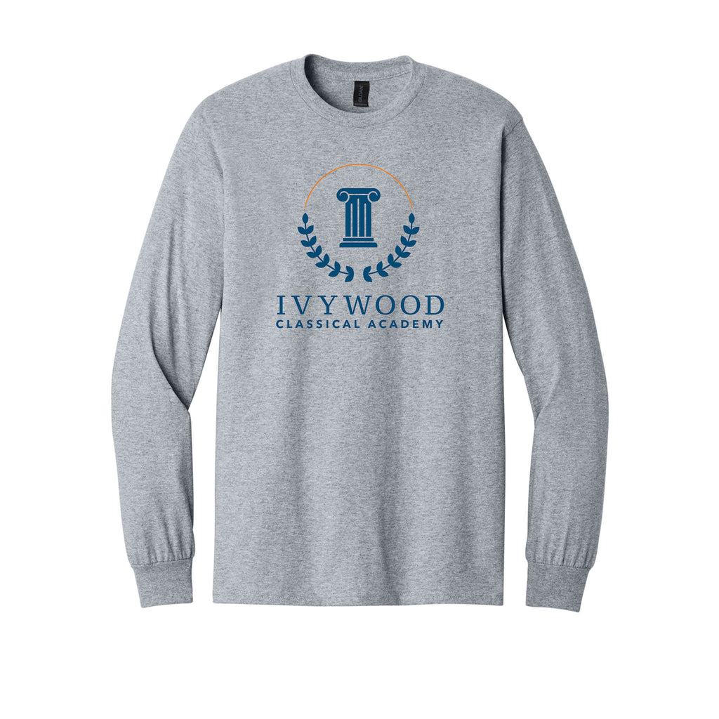 Heather Gray Adult Long-Sleeve Tee with Ivywood Crest (Full Front)