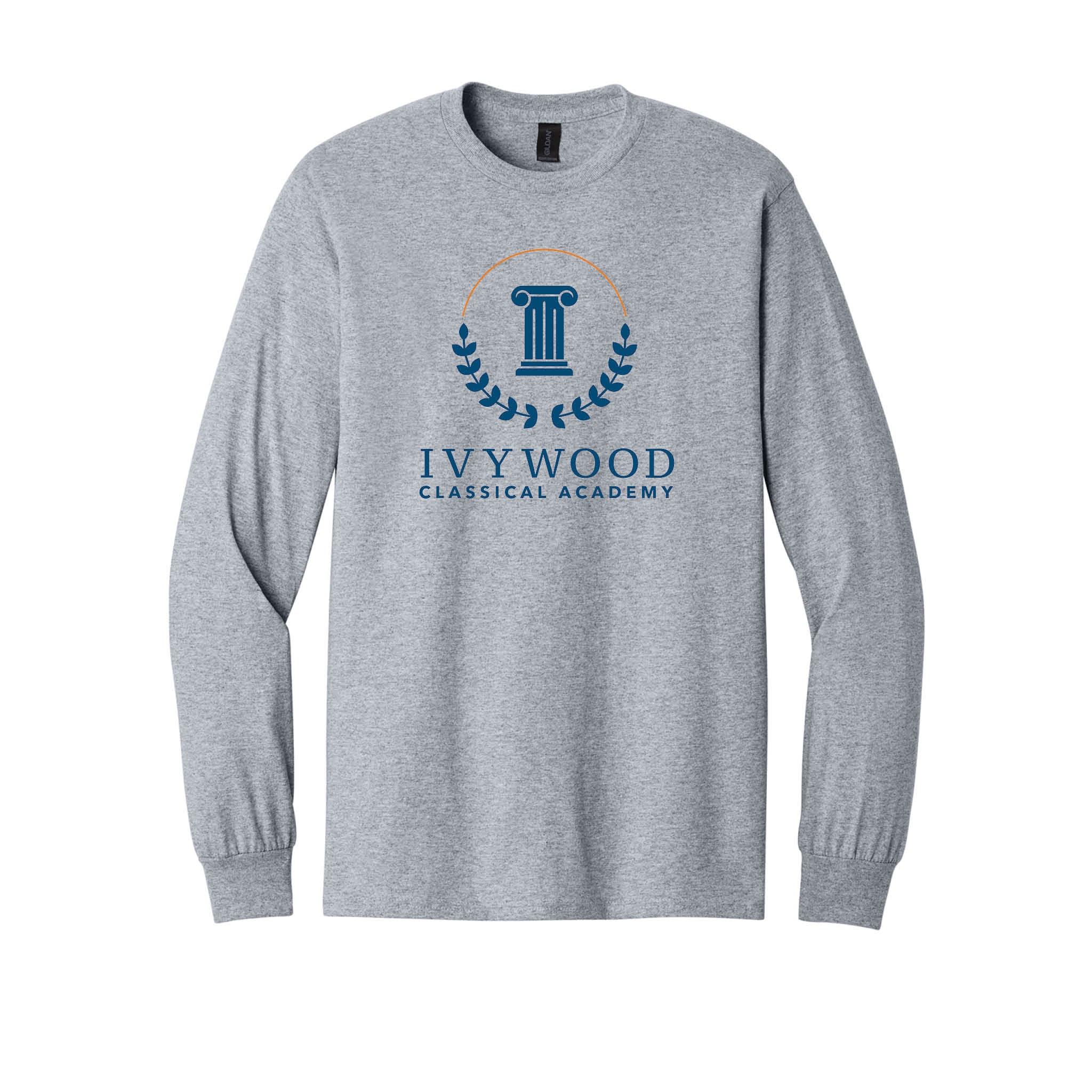 Heather Gray Adult Long-Sleeve Tee with Ivywood Crest (Full Front)