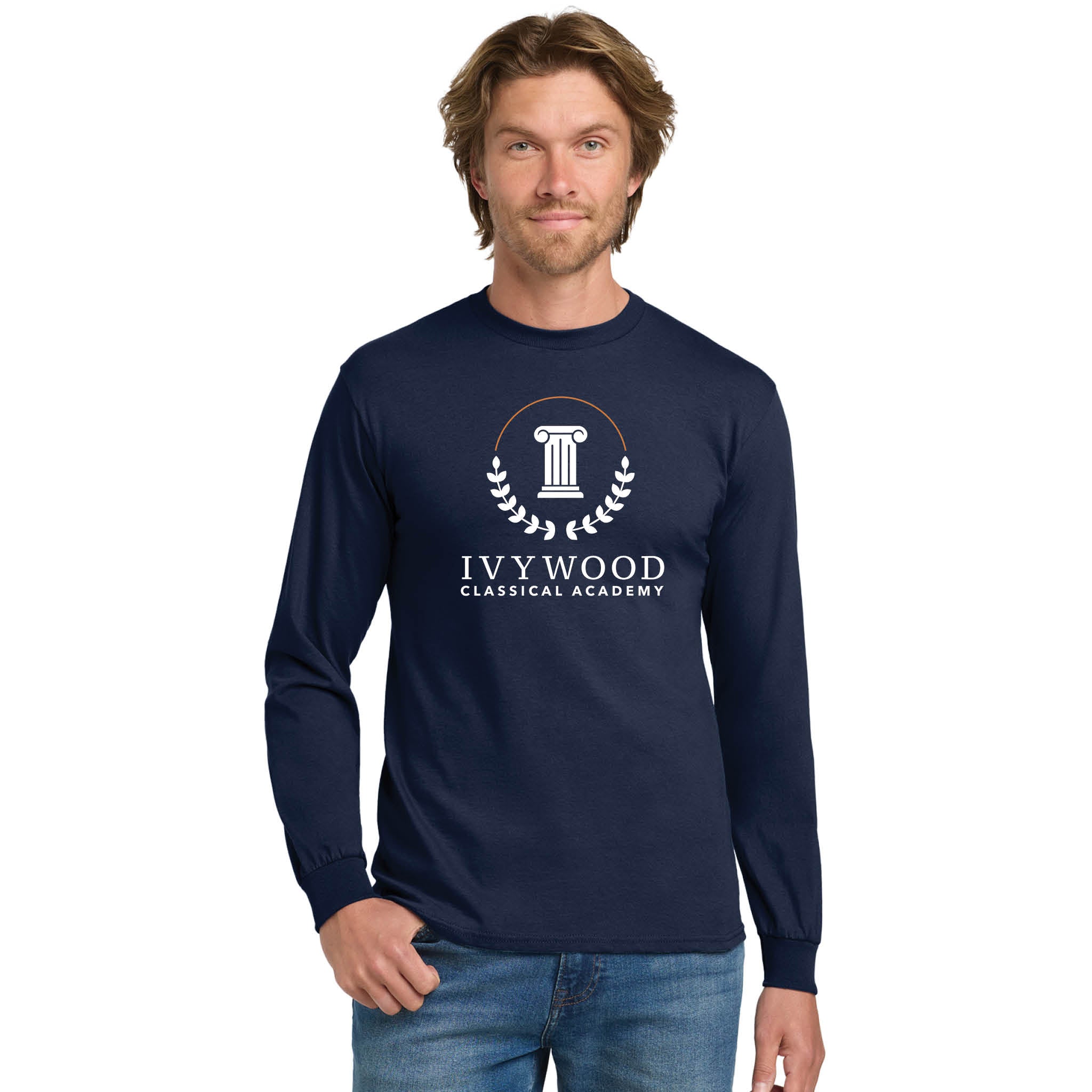 Navy Adult Long-Sleeve Tee with Ivywood Crest (Full Front)