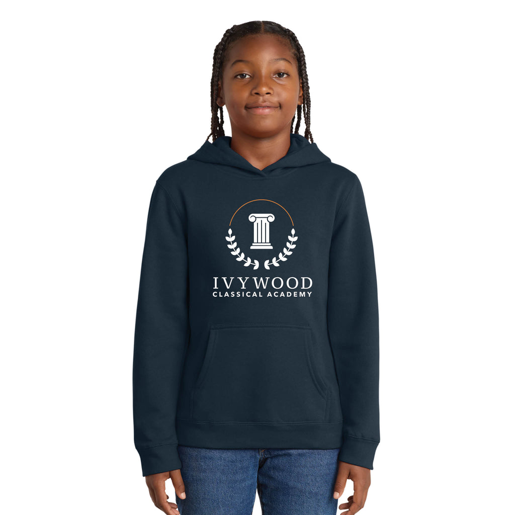 Navy Youth Hooded Sweatshirt with Ivywood Crest (Full Front)