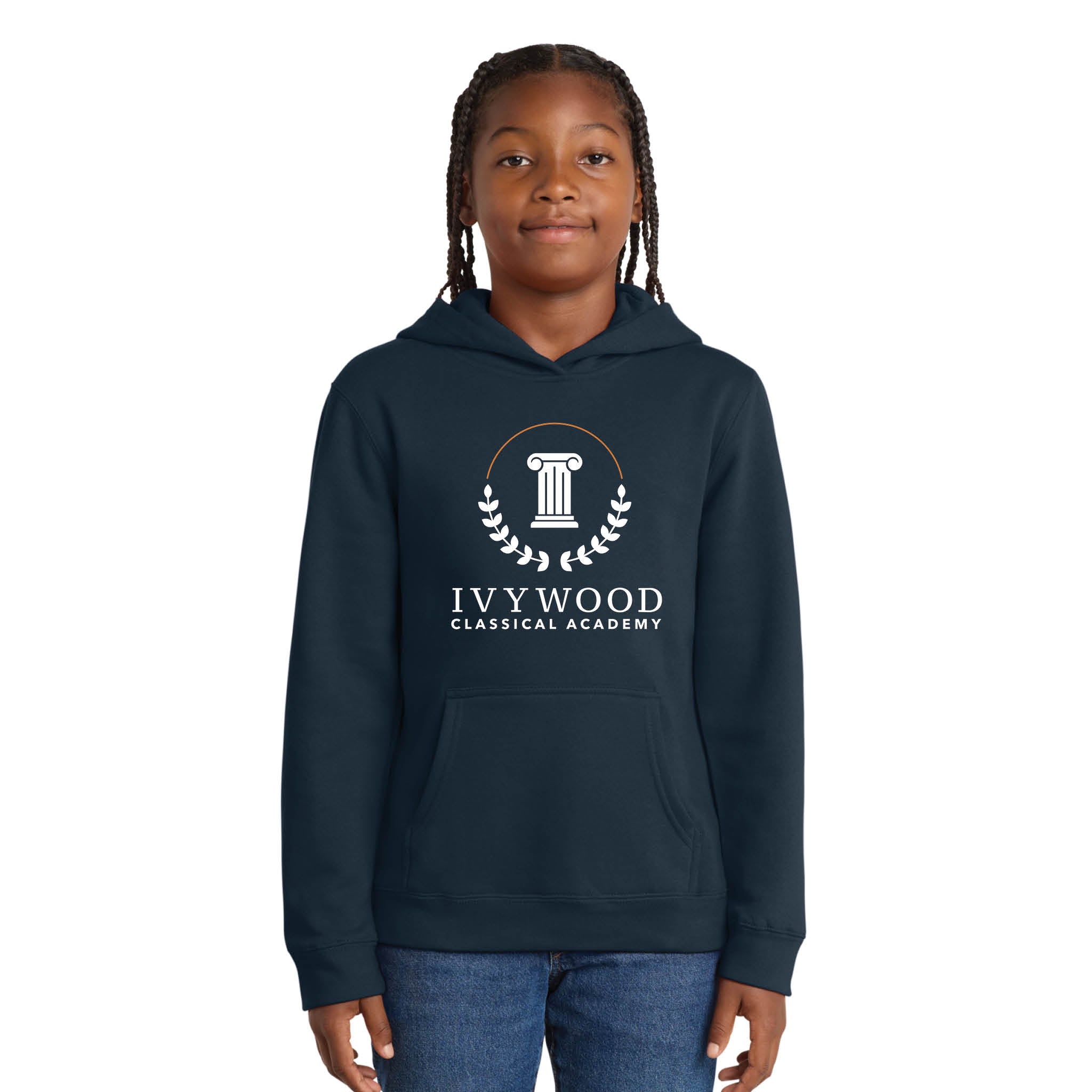 Navy Youth Hooded Sweatshirt with Ivywood Crest (Full Front)